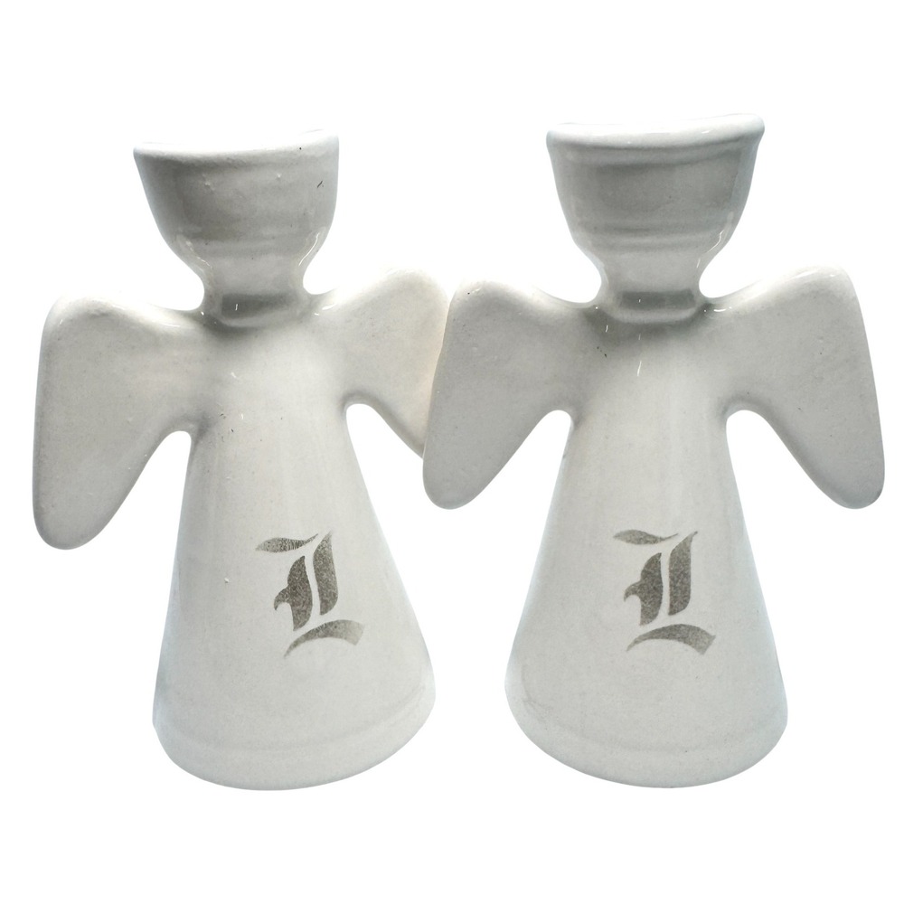 Vintage White Ceramic Angel Candle Holders Set of 2 Gothic Letter L 5 Inch